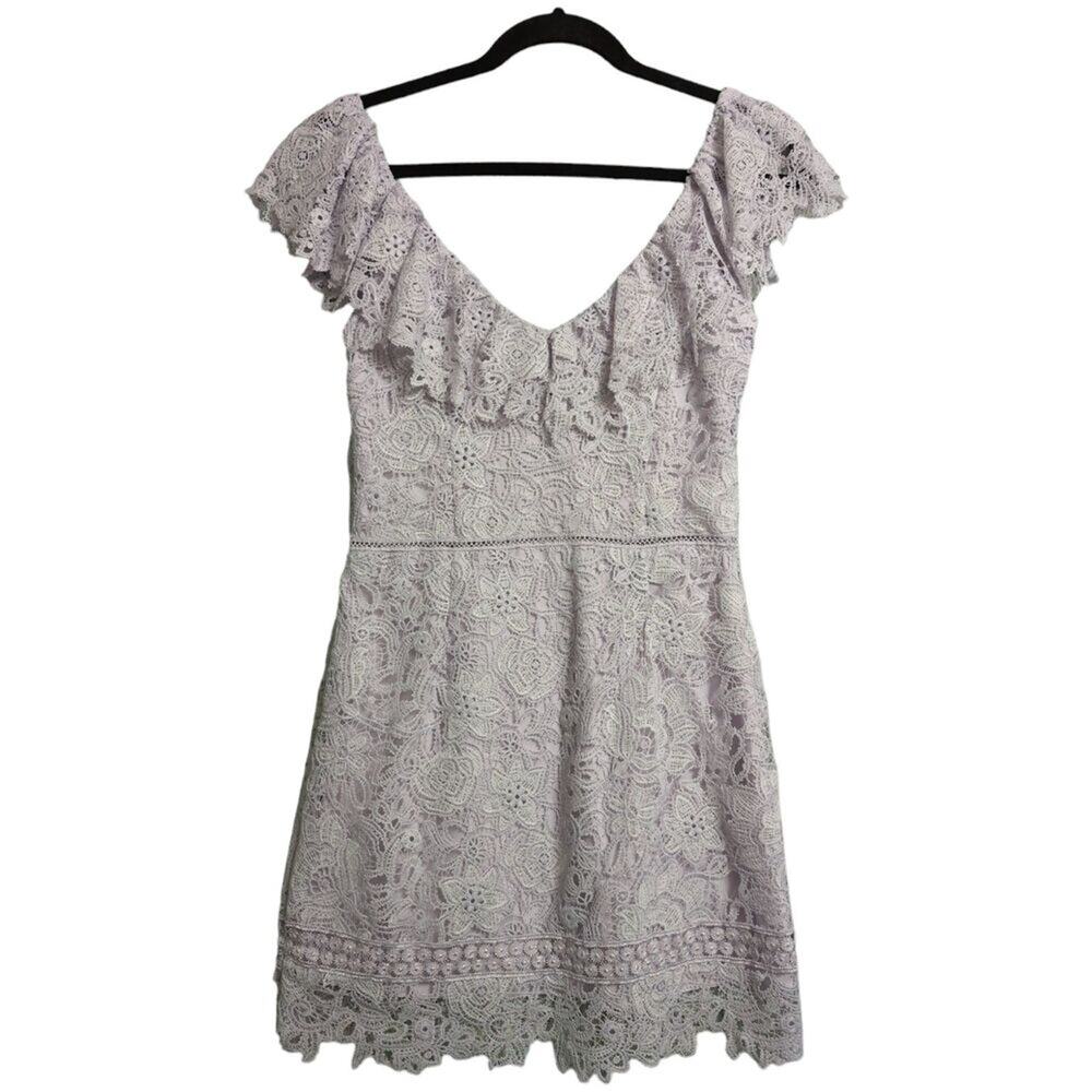 Saylor Lavender Lace Short Sleeve Off Shoulder Ruffle Trim Mini Dress Size M